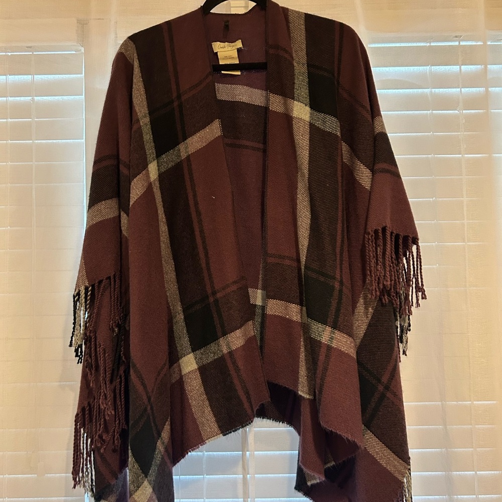 Plaid Fringe Shawl in Burgundy and Black